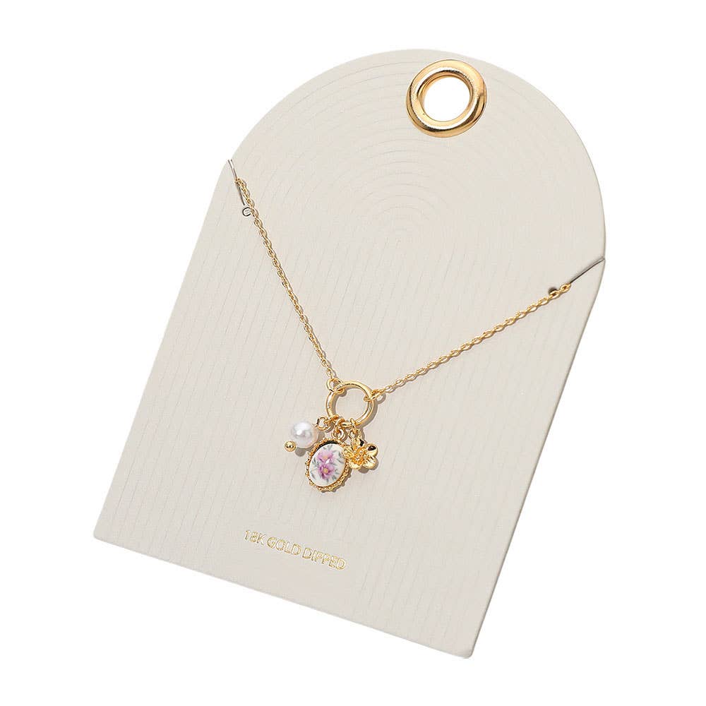 18K Gold Dipped Floral Pearl Charm Pendant Necklace