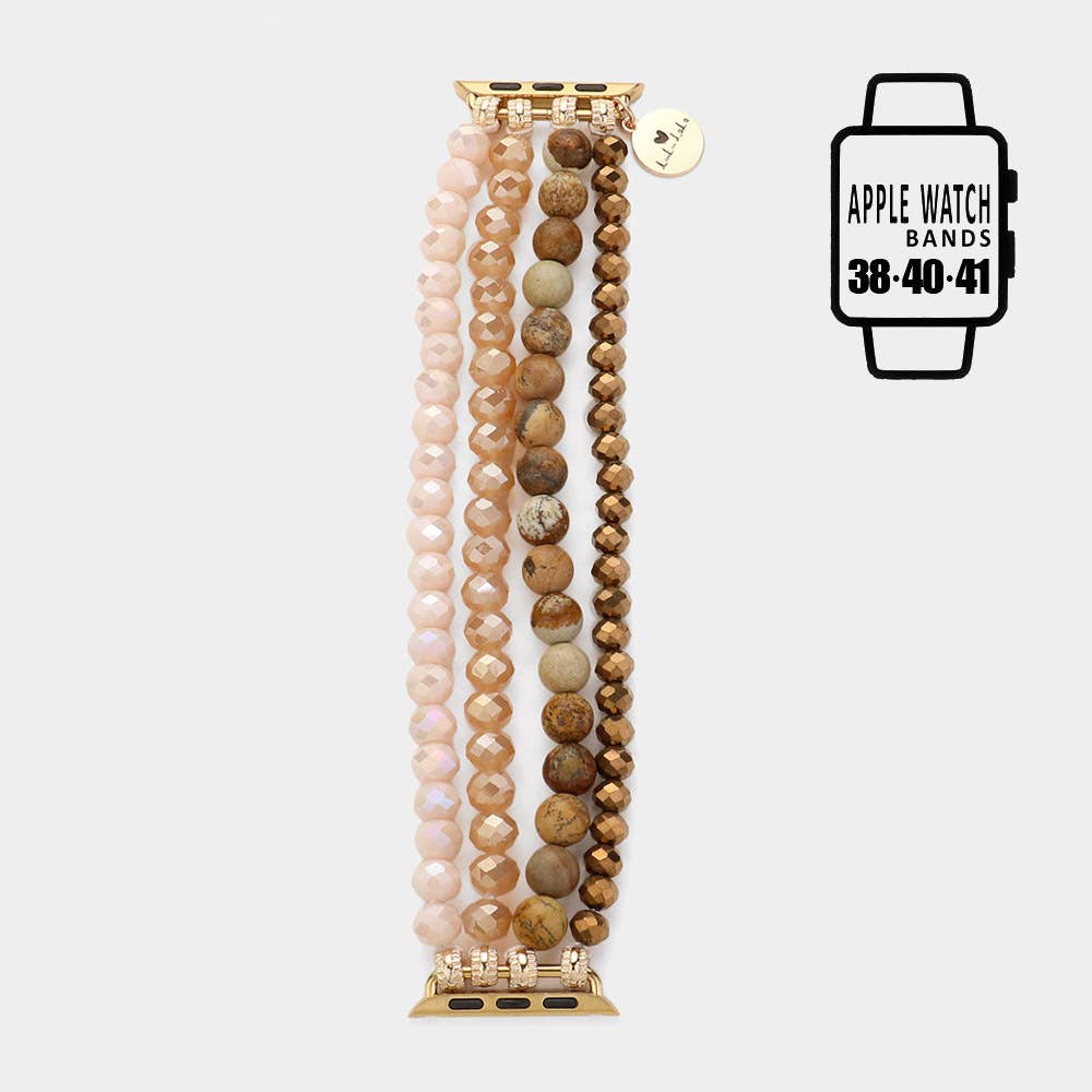 Faceted Beads Natural Stone Beaded Multi Layered Apple Watch Band: Gold,Pink