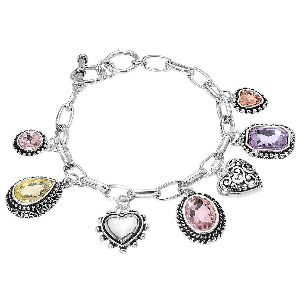 Teardrop Oval Round Stone Metal Heart Charm Station Bracelet