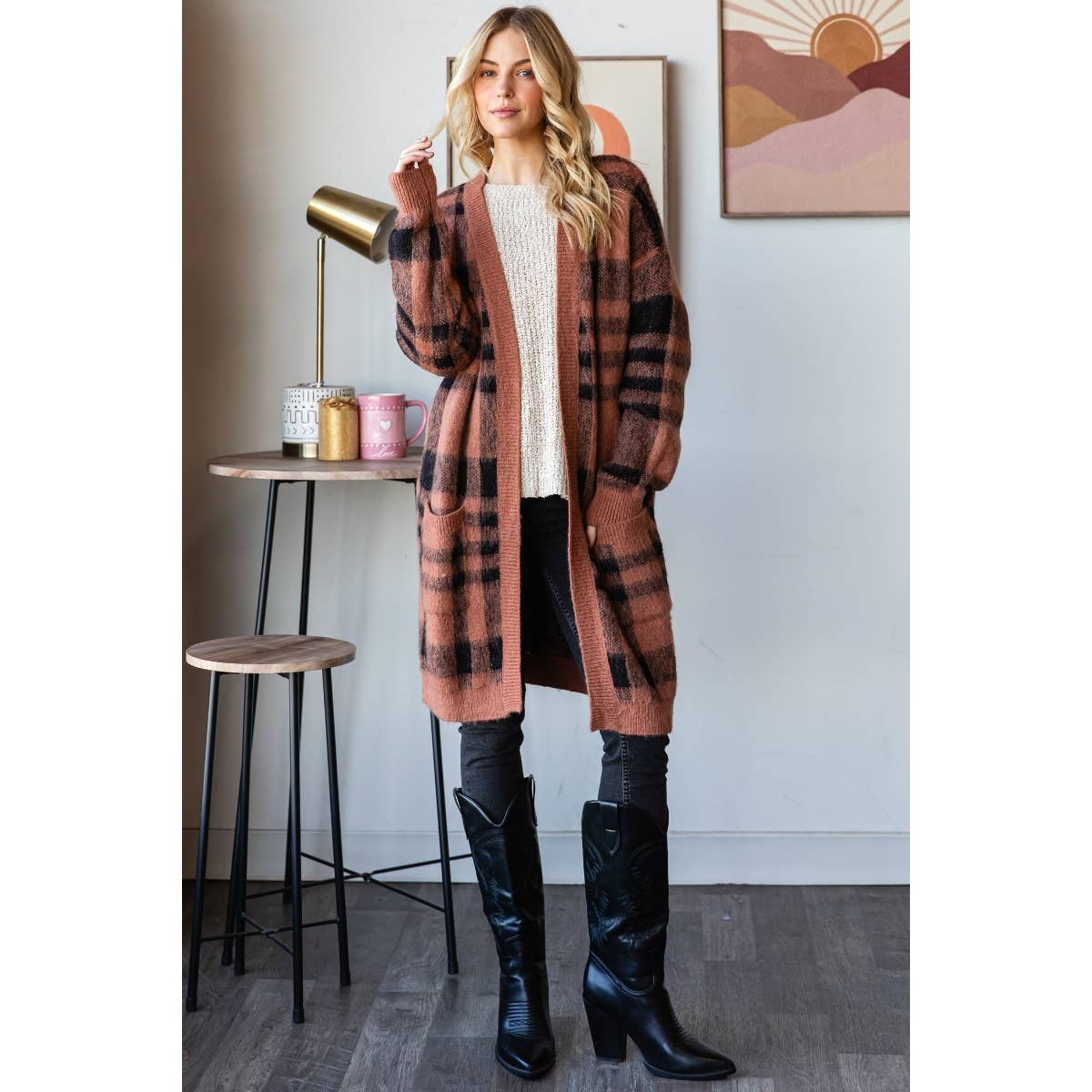 Mohair Sweater Long Cardigan : Red/Black / M