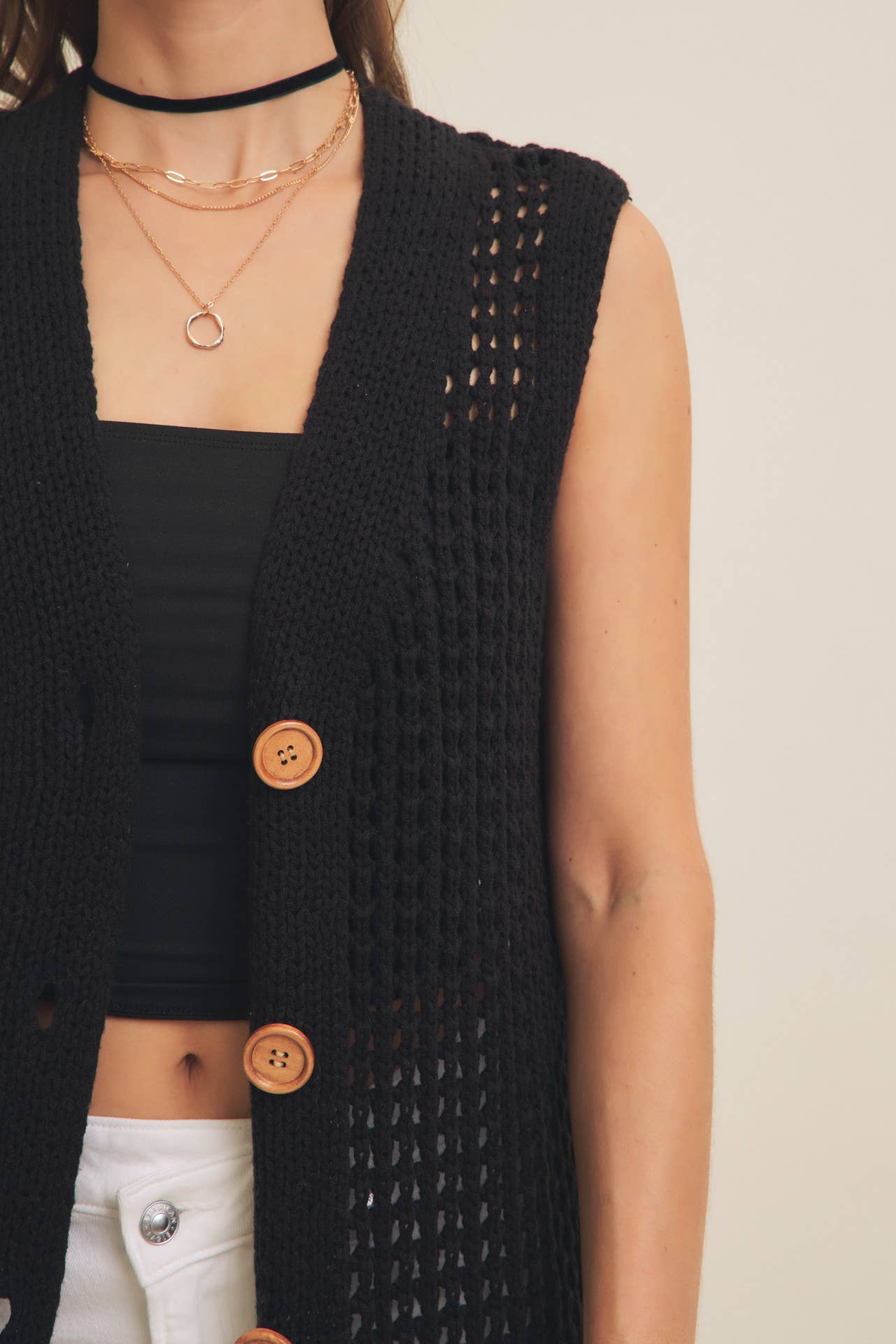 BUTTON-DOWN OPEN KNIT SLEEVELESS MIDI SWEATER CARDIGAN