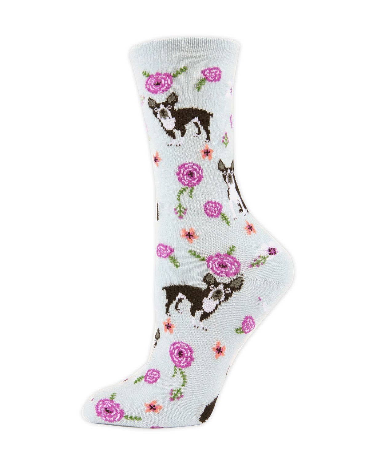 MeMoi French Bulldog and Roses Bamboo Crew Novelty Socks: Mellow Rose / 9-11