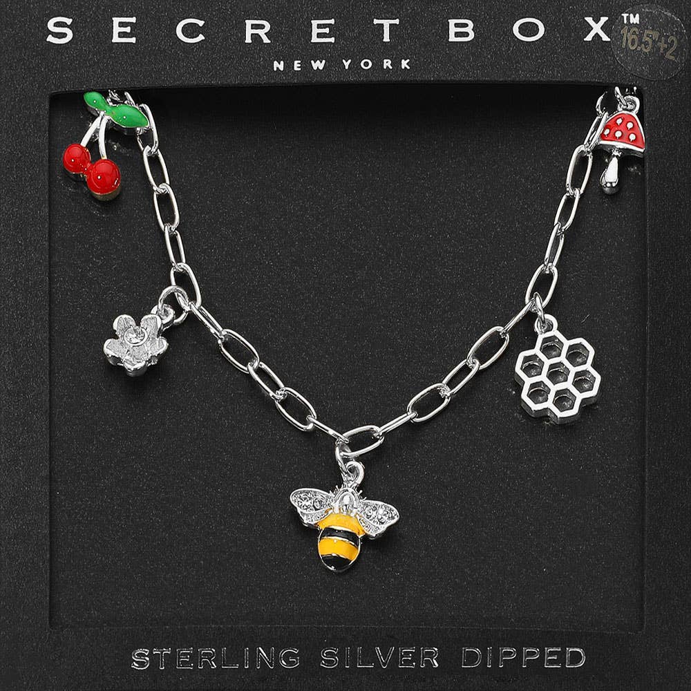 SECRET BOX_14k Gold Dipped Honey Bee Honey Comb Cherry Flower Mushroom Charm Station Paperclip Chain Necklace: Gold