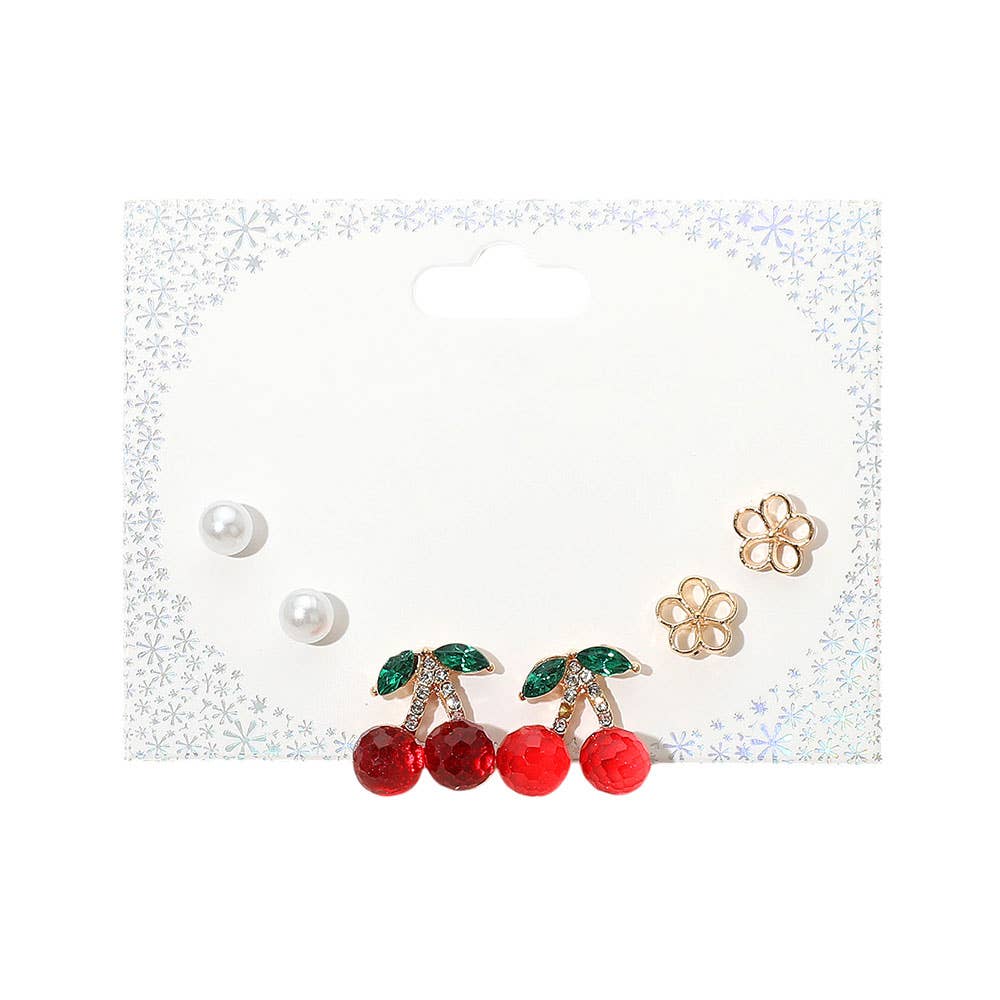 SET OF 3 - Pearl Enamel Flower Cherry Stud Earrings