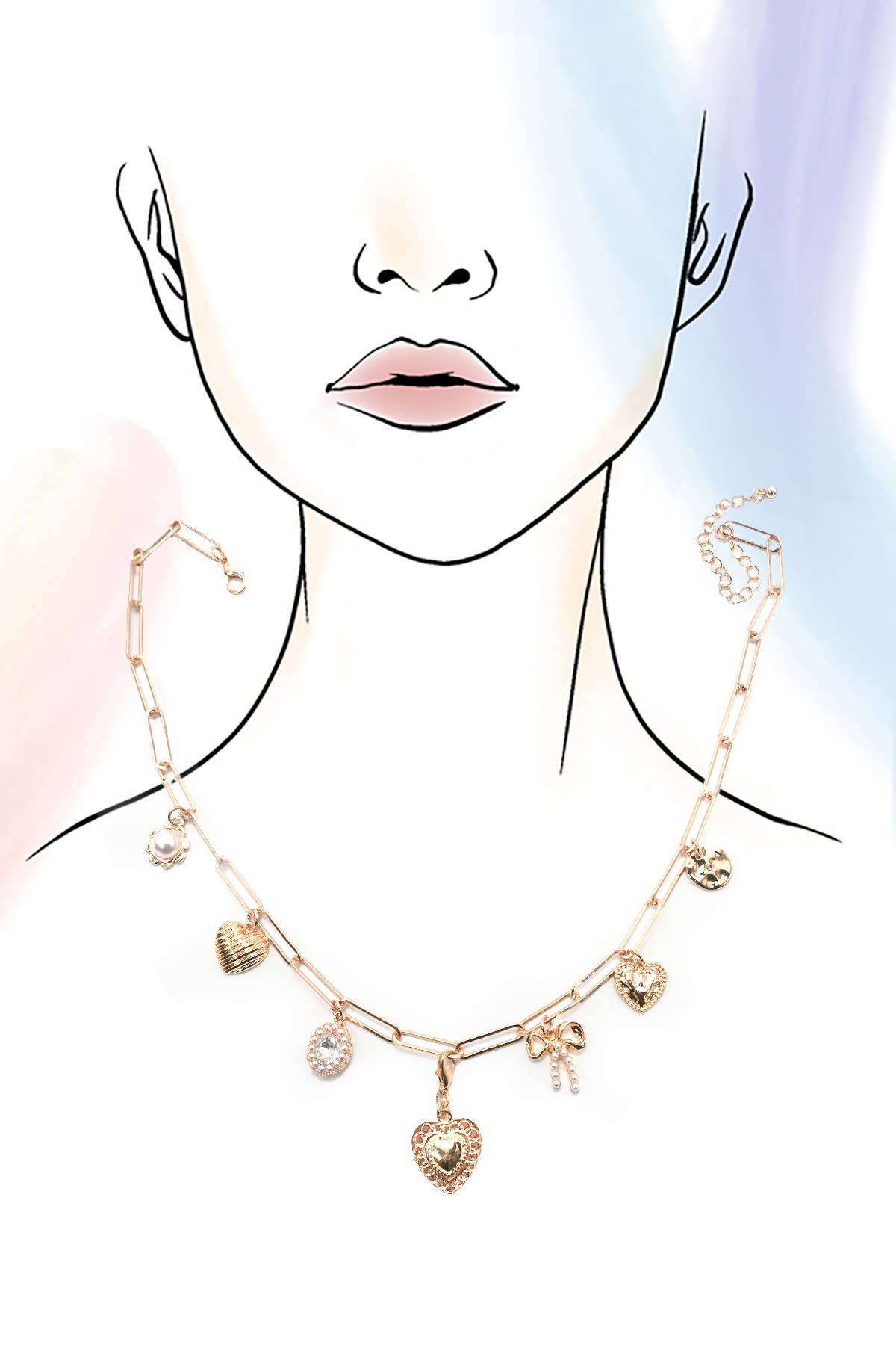 CHARM NECKLACE-BOW HEART PEARL LINK CHAIN | 80N91415