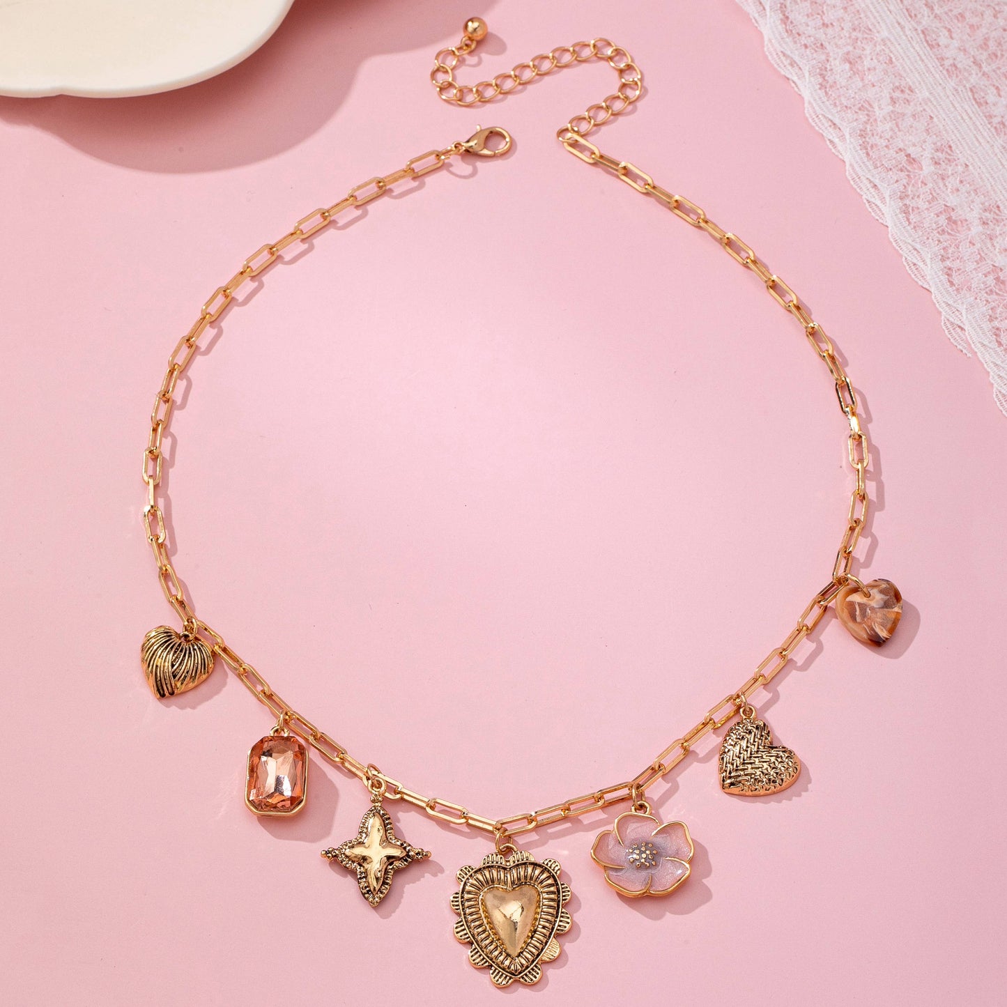 CHARM NECKLACE-HEART FLOWER RHINESTONE CLOVER | 80N92697