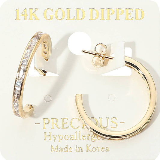14K Gold Dipped Hypoallergenic Sparkling CZ Stone Accent Hoop Earrings: Rhodium