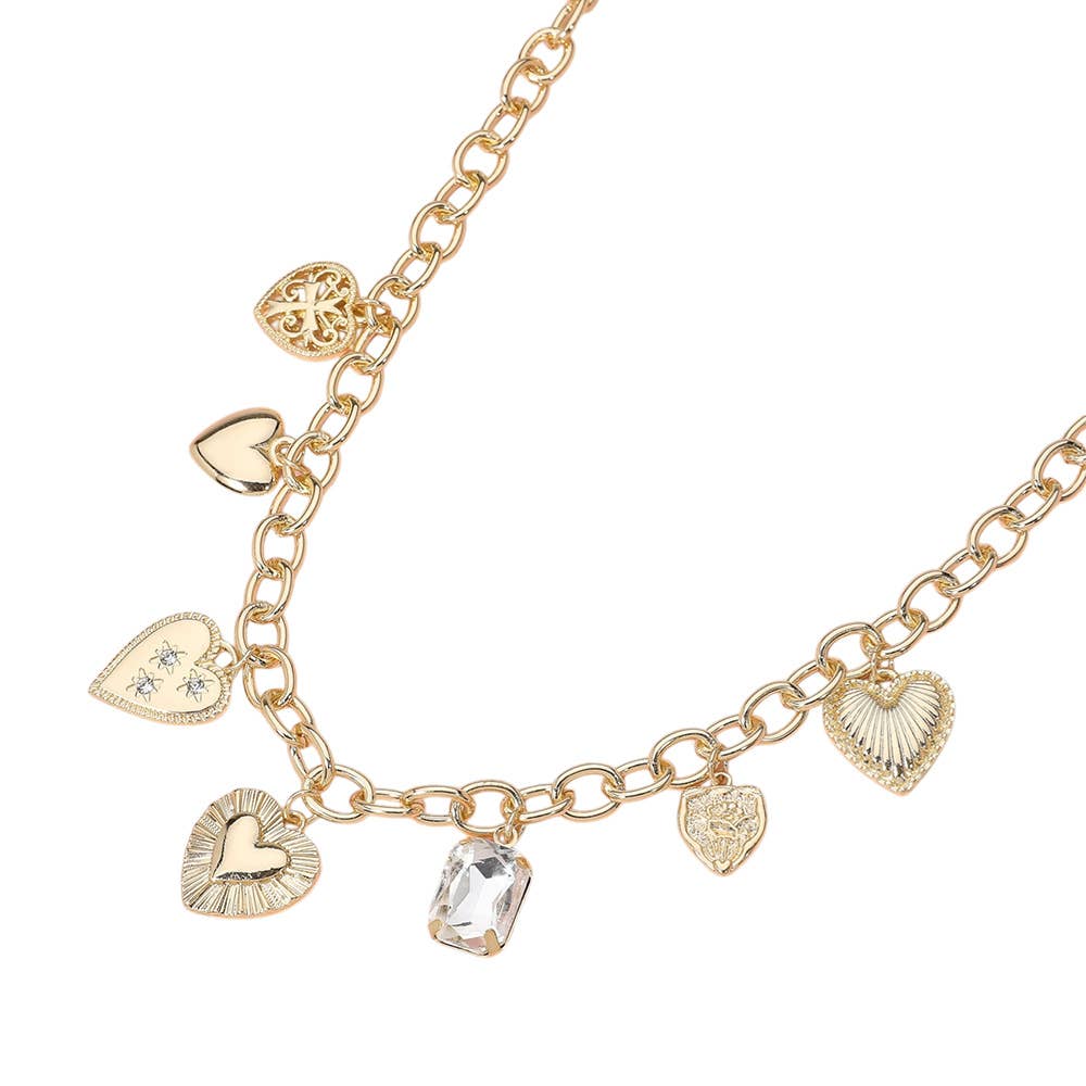 Metal Heart Cross Stone Charm Station Necklace