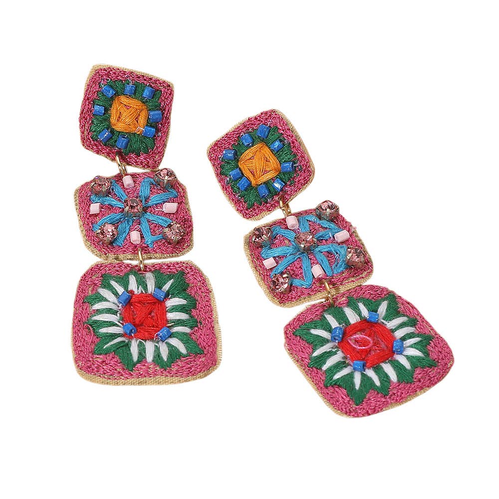 Embroidered Beaded Crochet Granny Square Link Drop Earrings