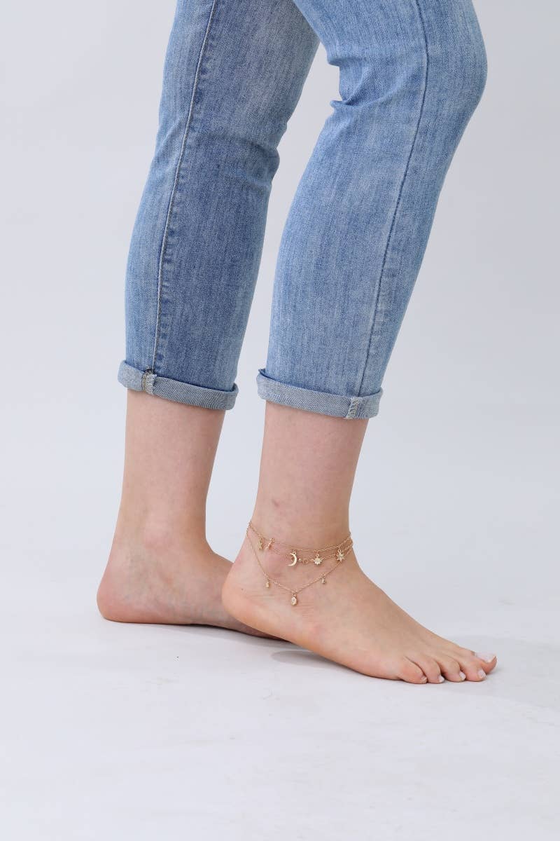 Celestial Charm Layered Anklet - Sparkling Star & Moon Dangl: Silver