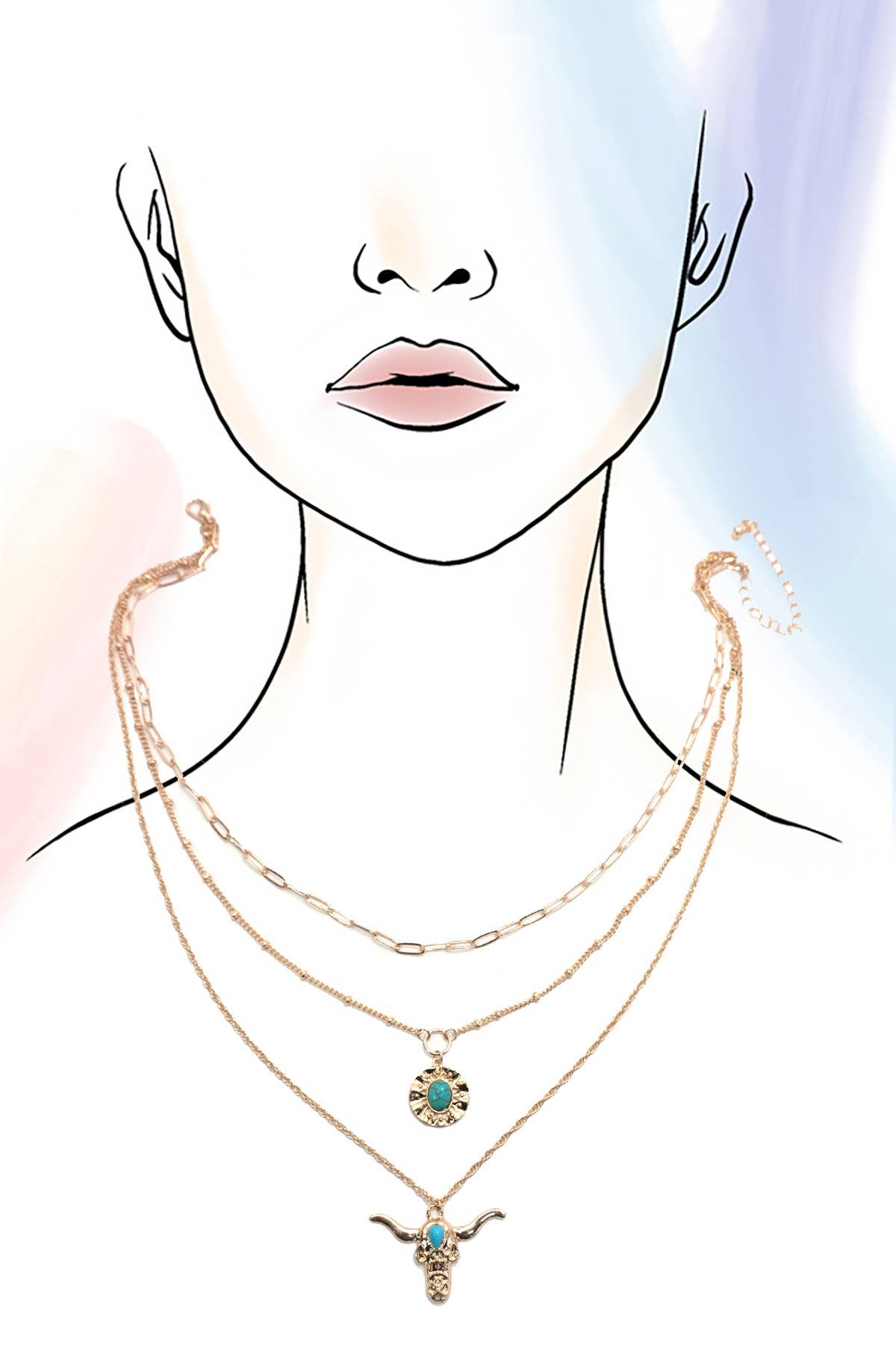 TURQ BULL HEAD CIRCLE PENDANT LAYERED NECKLACE | 80N1333