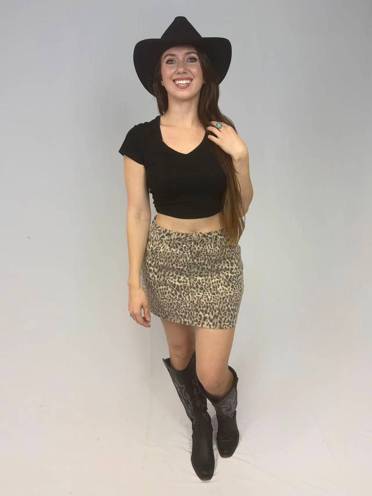 MK750 Desert Leopard Denim Mini Skirt: Tan and Black / XL