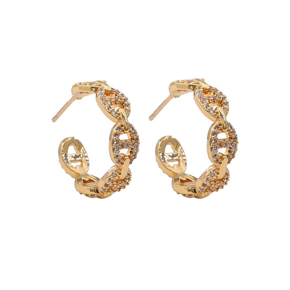 Gold Dipped CZ Stone Paved Mariner Link Hoop Earrings: Rhodium