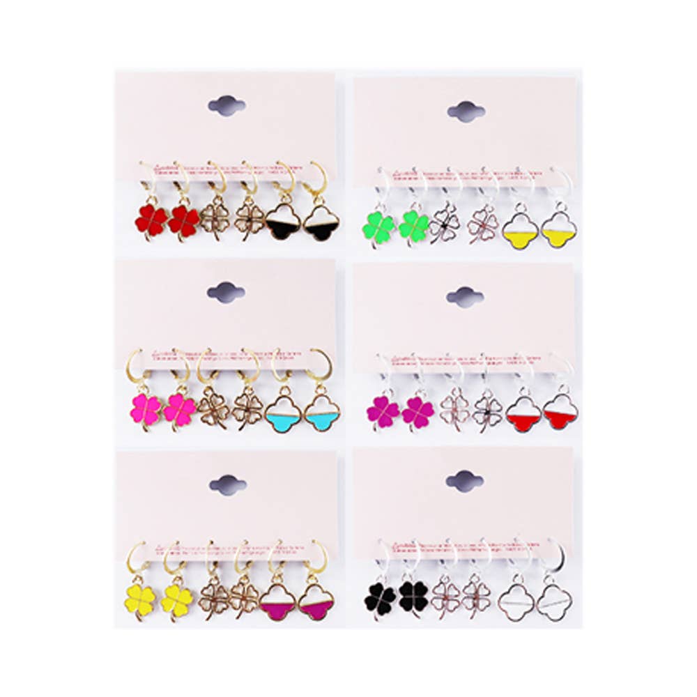 Set of 3 - Enamel Clover Quatrefoil Lever Back Earrings