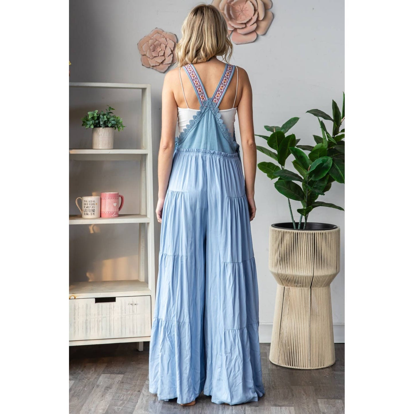 Embroidered Strap Flowy Jumpsuit: Black / M