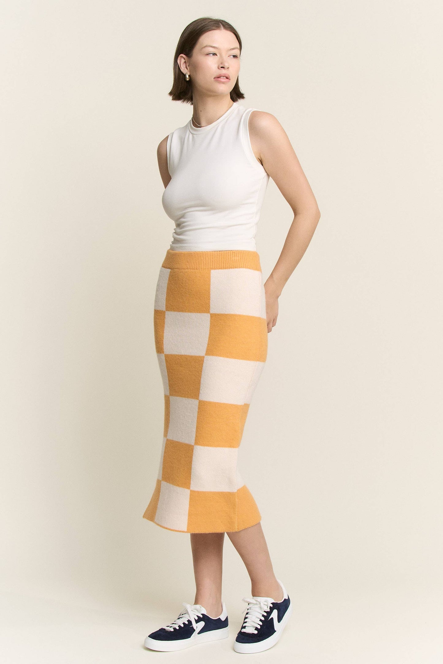 BIG CHECKERED PAST KNIT PENCIL MIDI SKIRT W/ SIDE SLIT