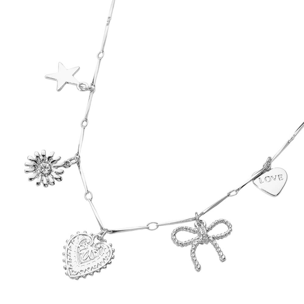 Metal Heart Bow Star Flower Charm Station Necklace