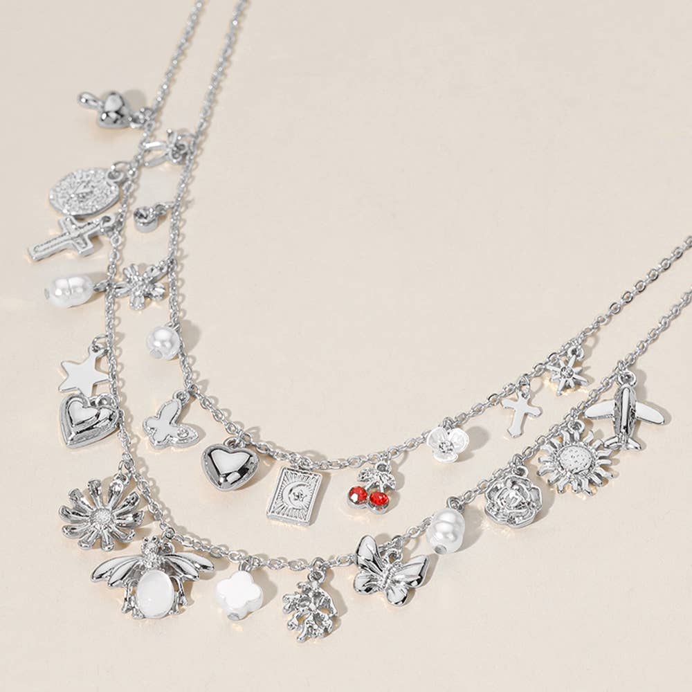 Cherry Butterfly Pearl Quatrefoil Charm Layered Necklace