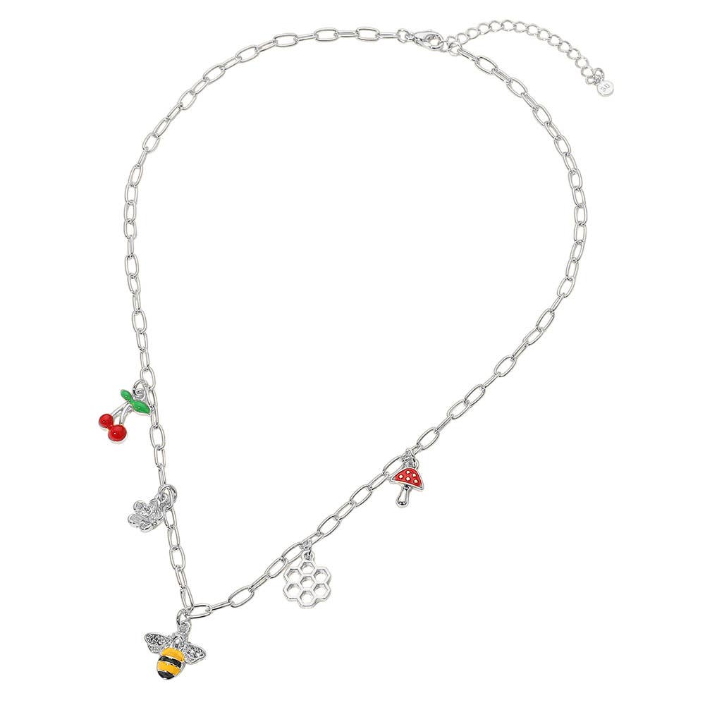SECRET BOX_14k Gold Dipped Honey Bee Honey Comb Cherry Flower Mushroom Charm Station Paperclip Chain Necklace: Silver