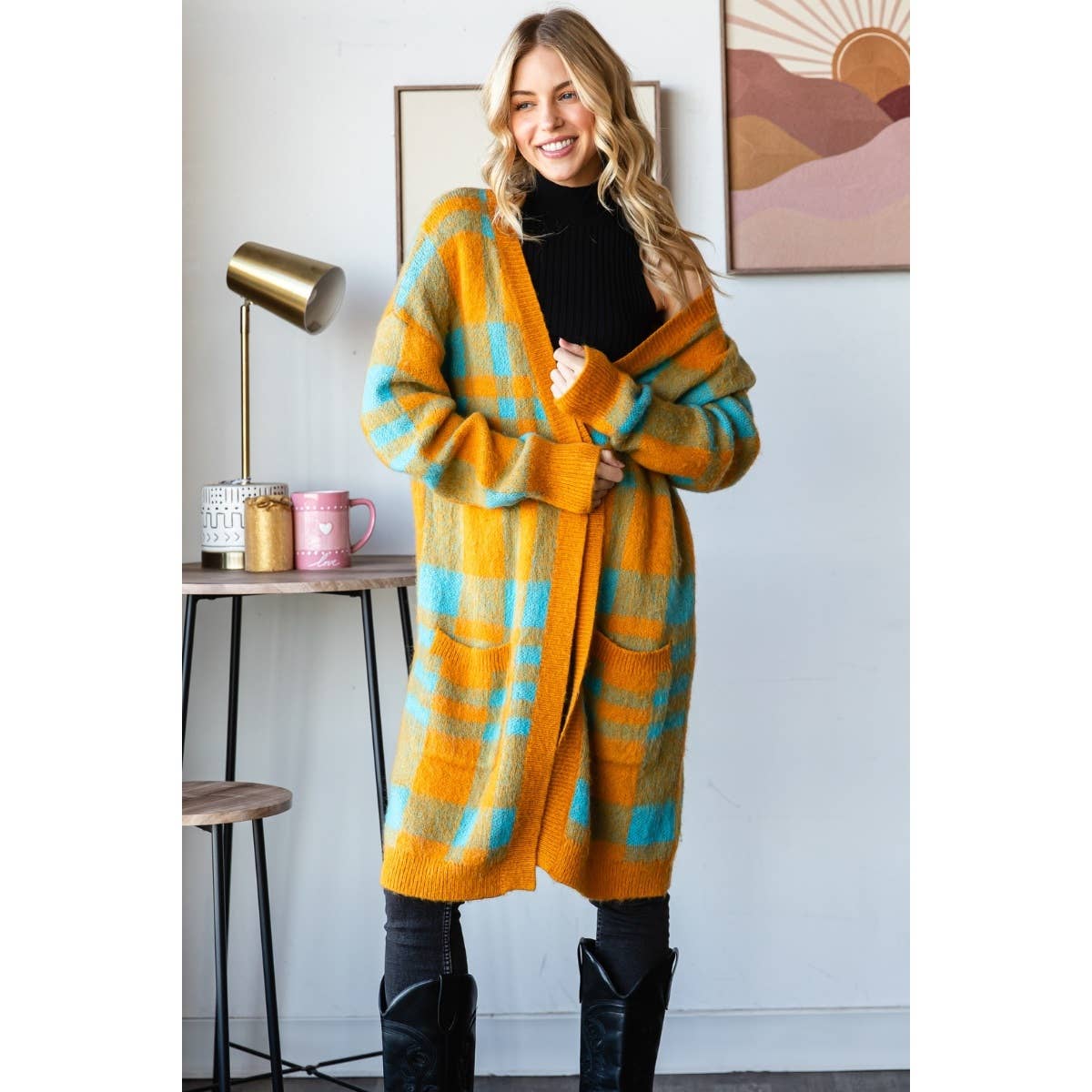 Mohair Sweater Long Cardigan : Camel/Navy / L