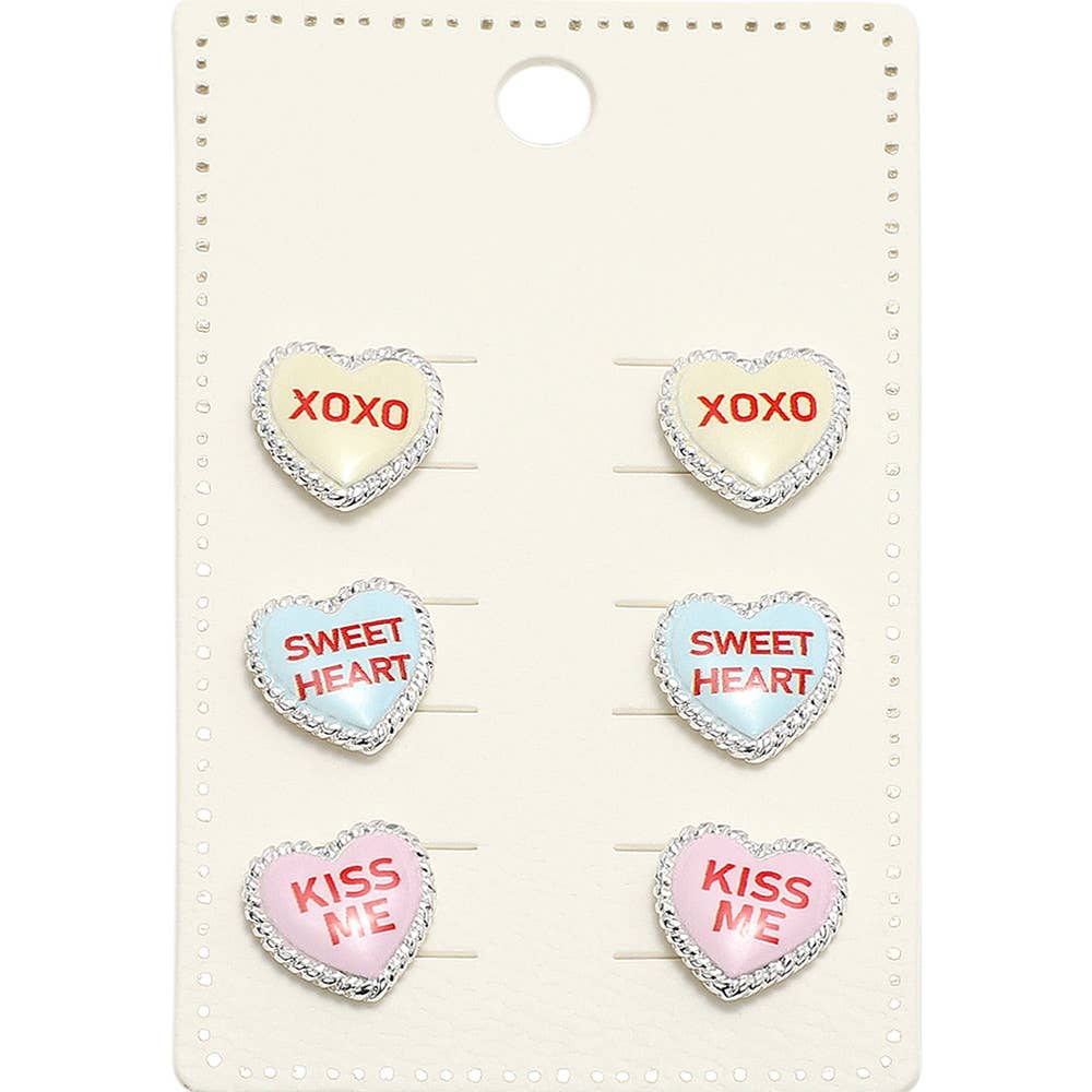 3Pairs - XOXO SWEET HEART KISS ME Message Heart Stud Earring Set