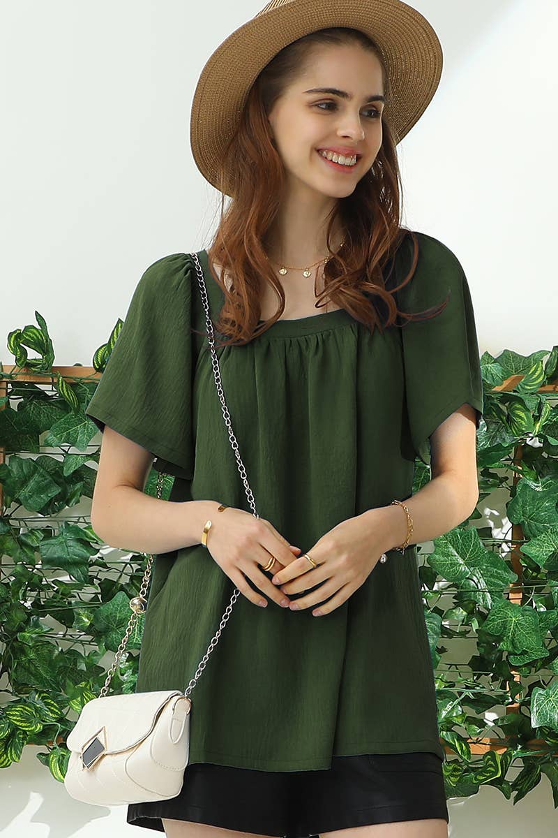 PLUS SQAURE NECK RUFFLE NECK SHORT SLEEVE BLOUSE
