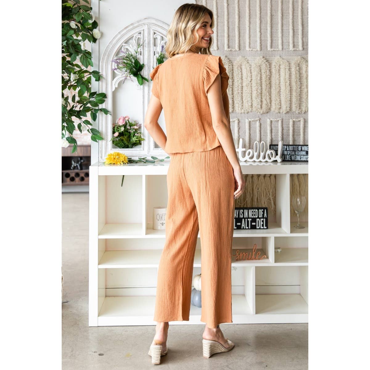 Ruffle Sleeve Linen feel Top and Pants Set