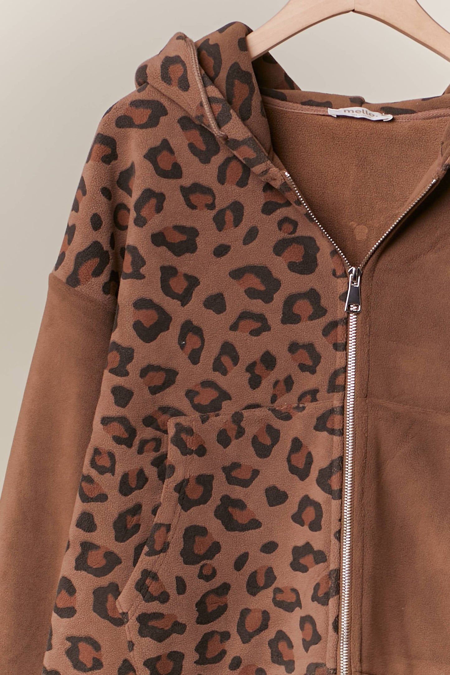 Zip Up hooded Sweatshirt with Leopard Print: Brown / S