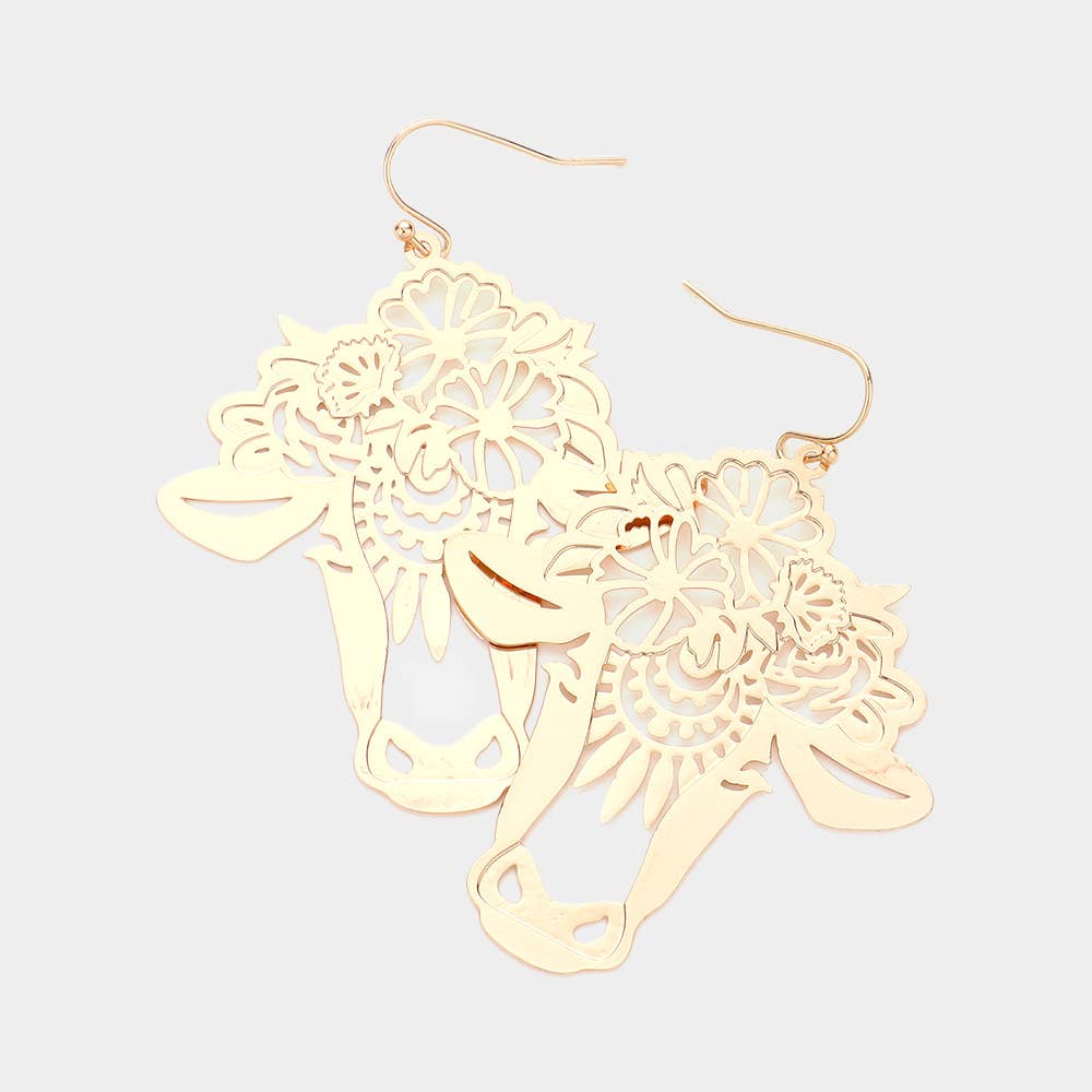 Cut Out Brass Metal Flower Cow Dangle Earrings