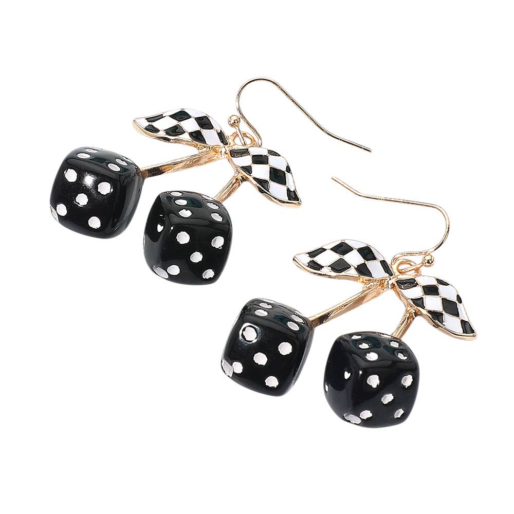 Enamel Retro Checkered Leaf Cherry Dice Dangle Earrings: Gold,Turquoise