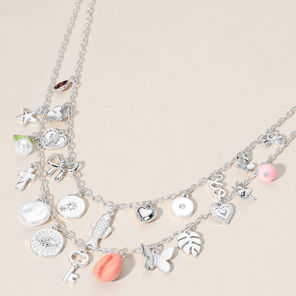 Key Butterfly Shell Charm Flower Double Layered Necklace