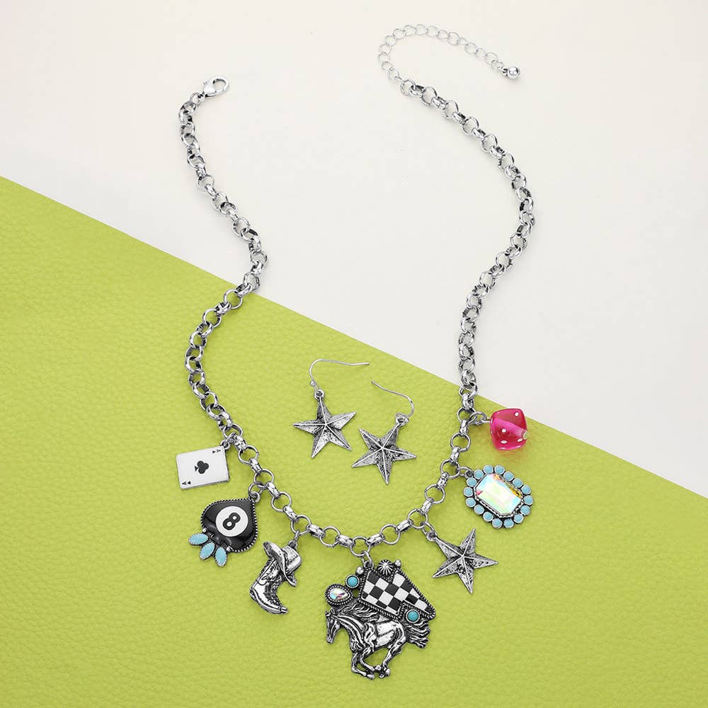 Ace Of Clover 8 Ball Billiard Metal Western Charm Necklace