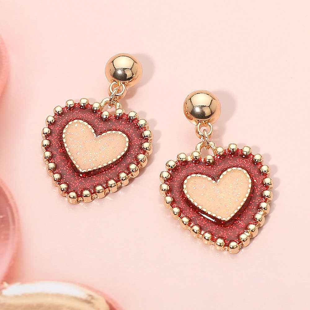 Enamel Glitter Beaded Edge Double Heart Dangle Earrings