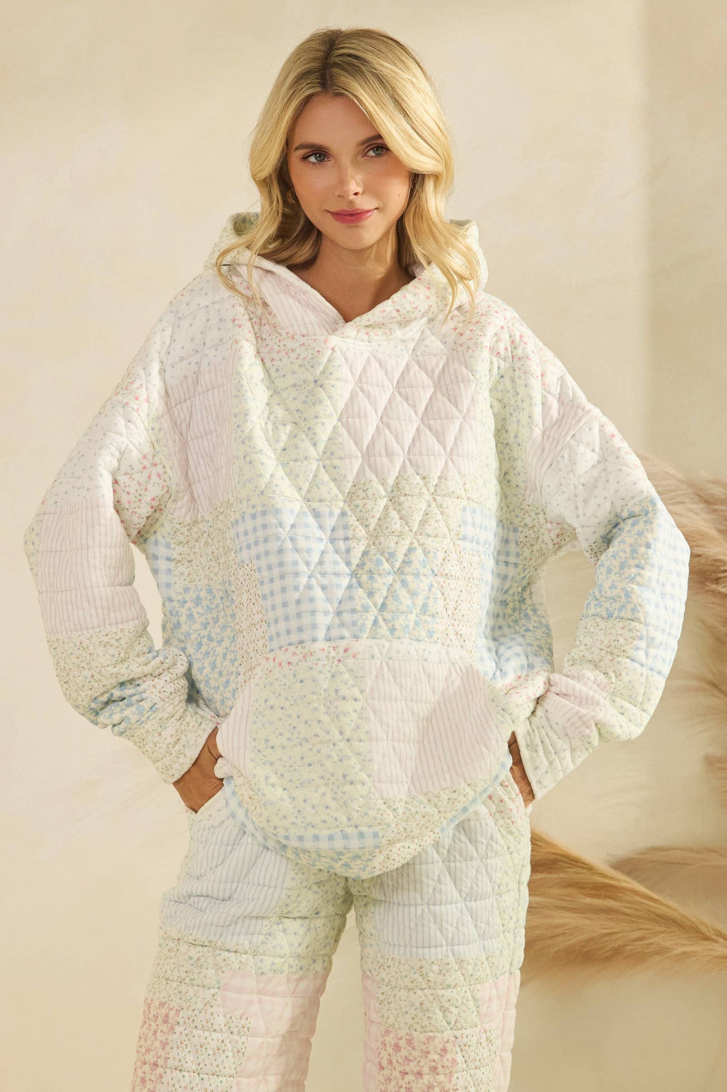 Floral textured oversized Hoodie : Pastel combo / M