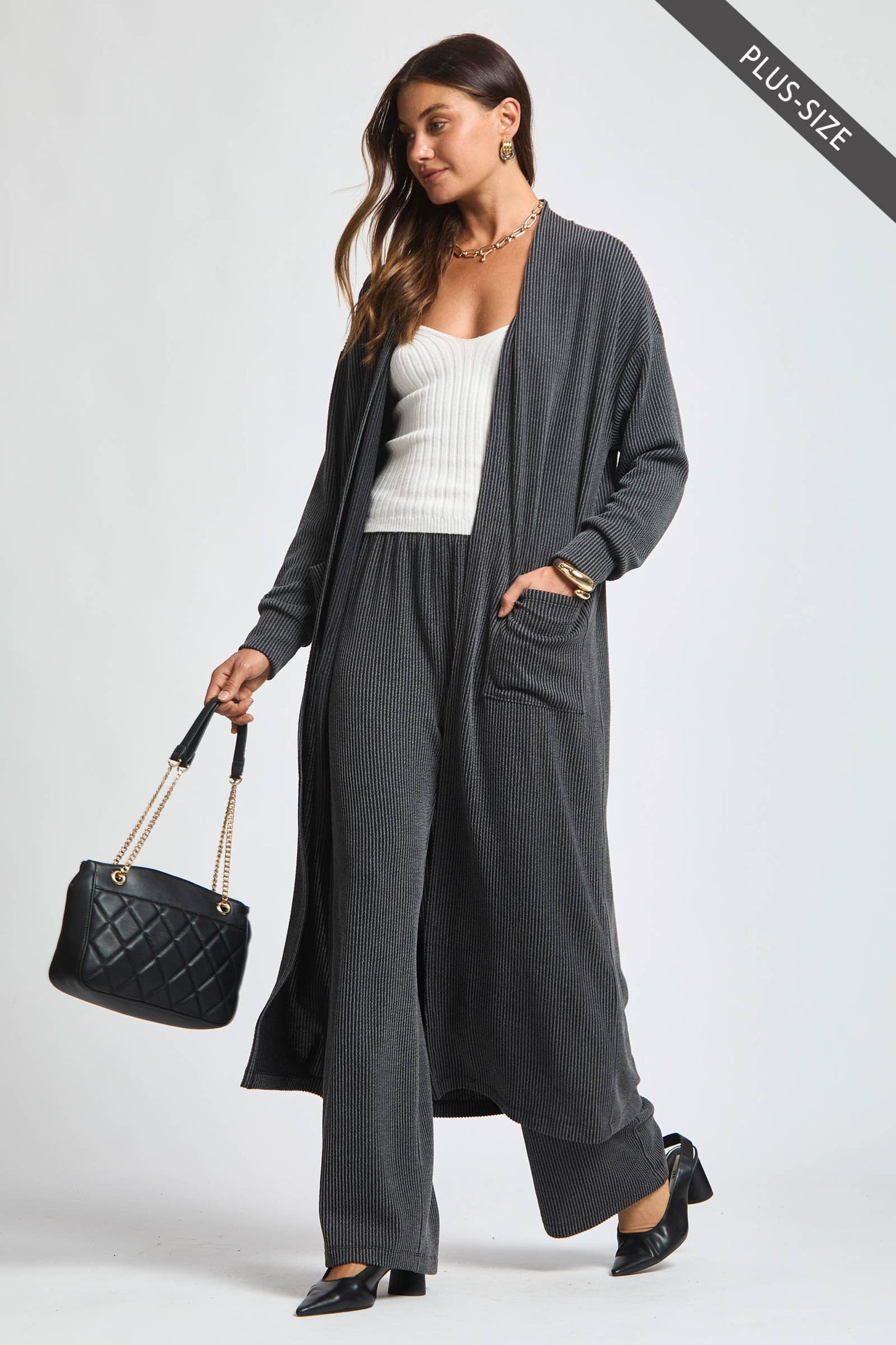 PLUS SIZE Longline Cardigan + Relaxed Pants 2 Piece Set: RED / XL