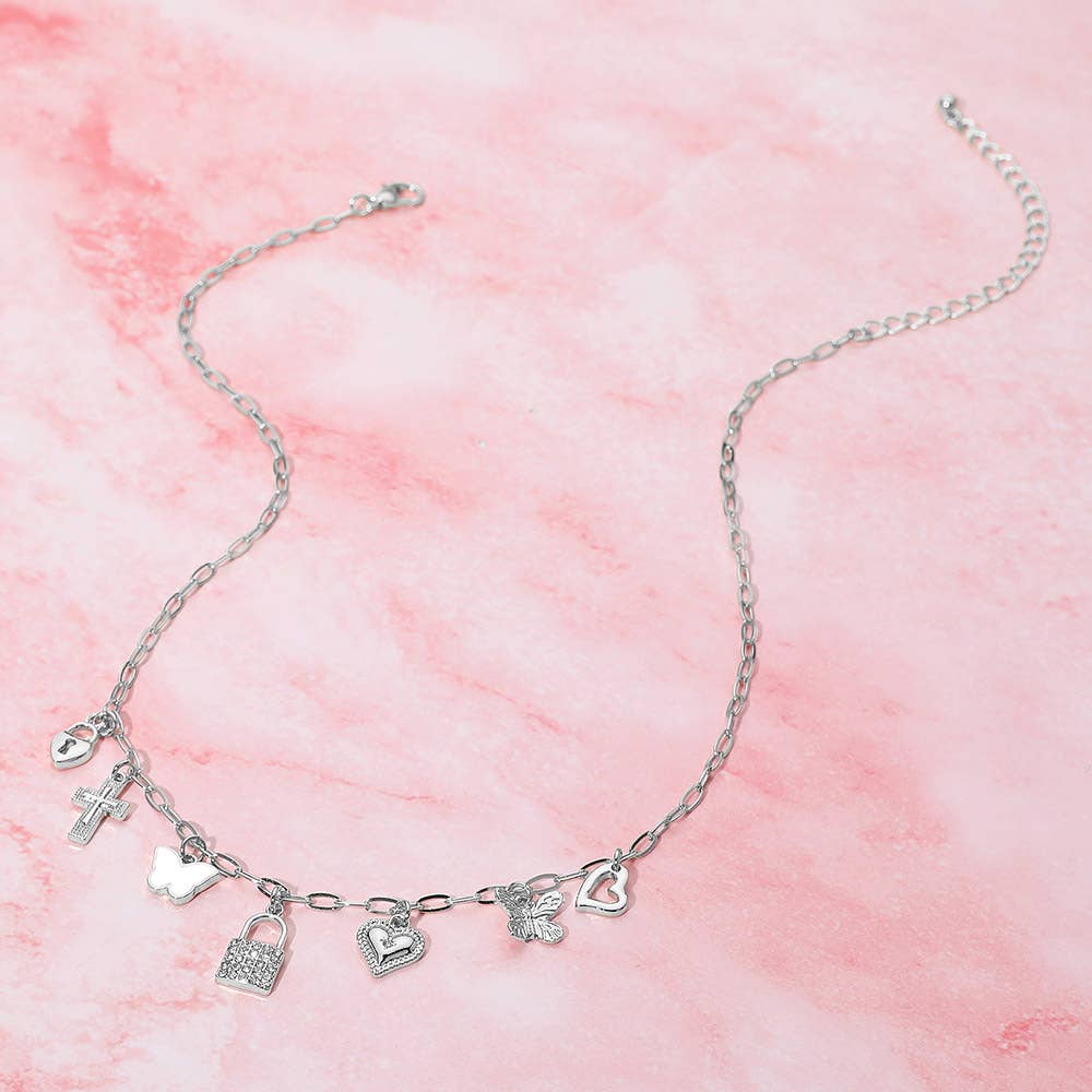 Lock Butterfly Heart Cross Charm Station Necklace: Clear,Rhodium