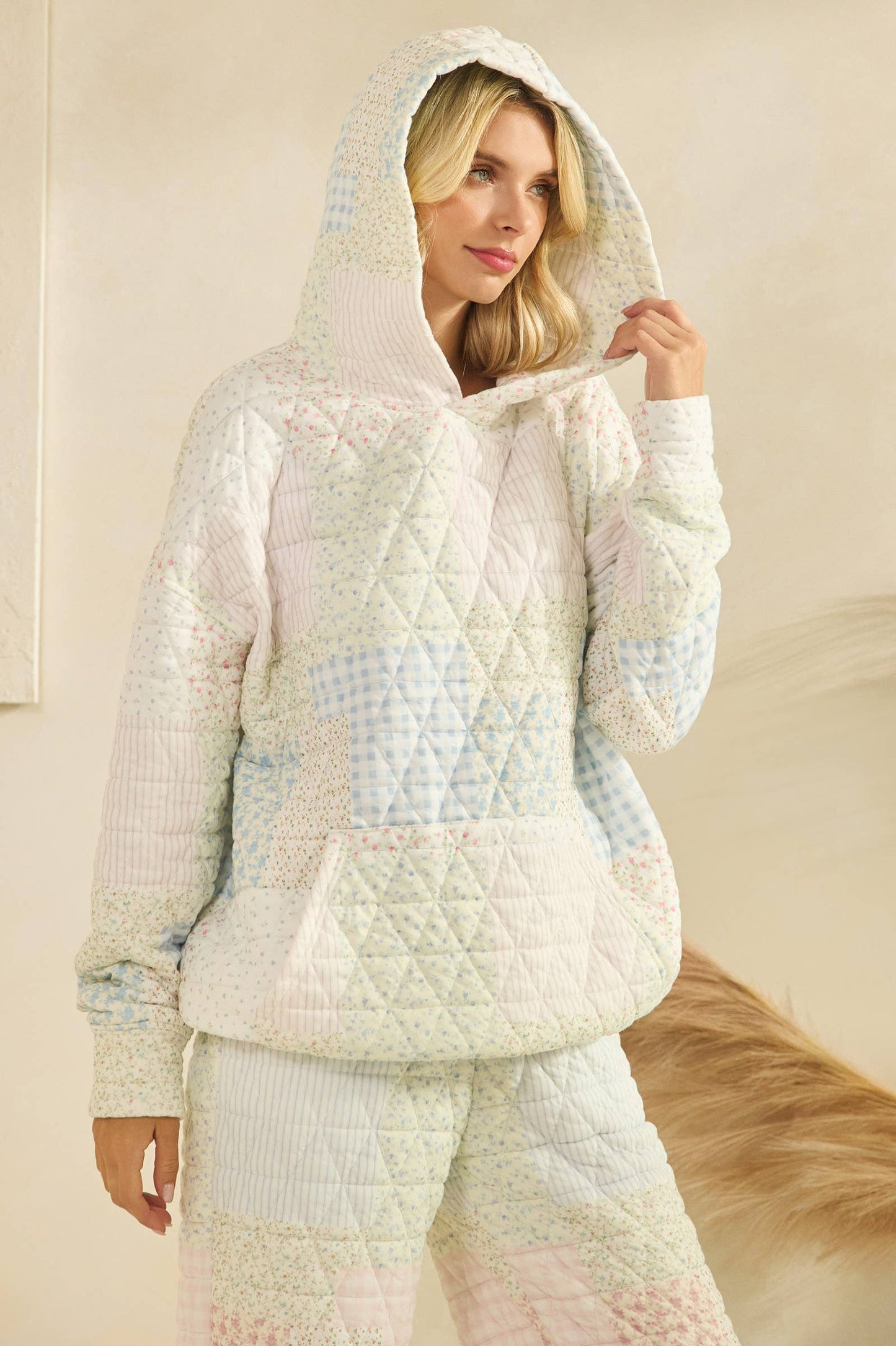 Floral textured oversized Hoodie : Pastel combo / M