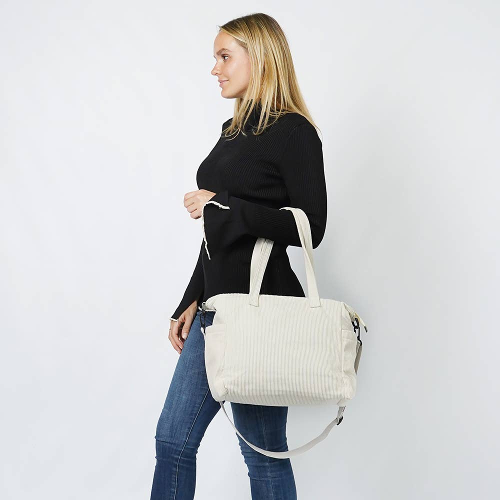 Multi Pocket Corduroy Tote Bag: Ivory