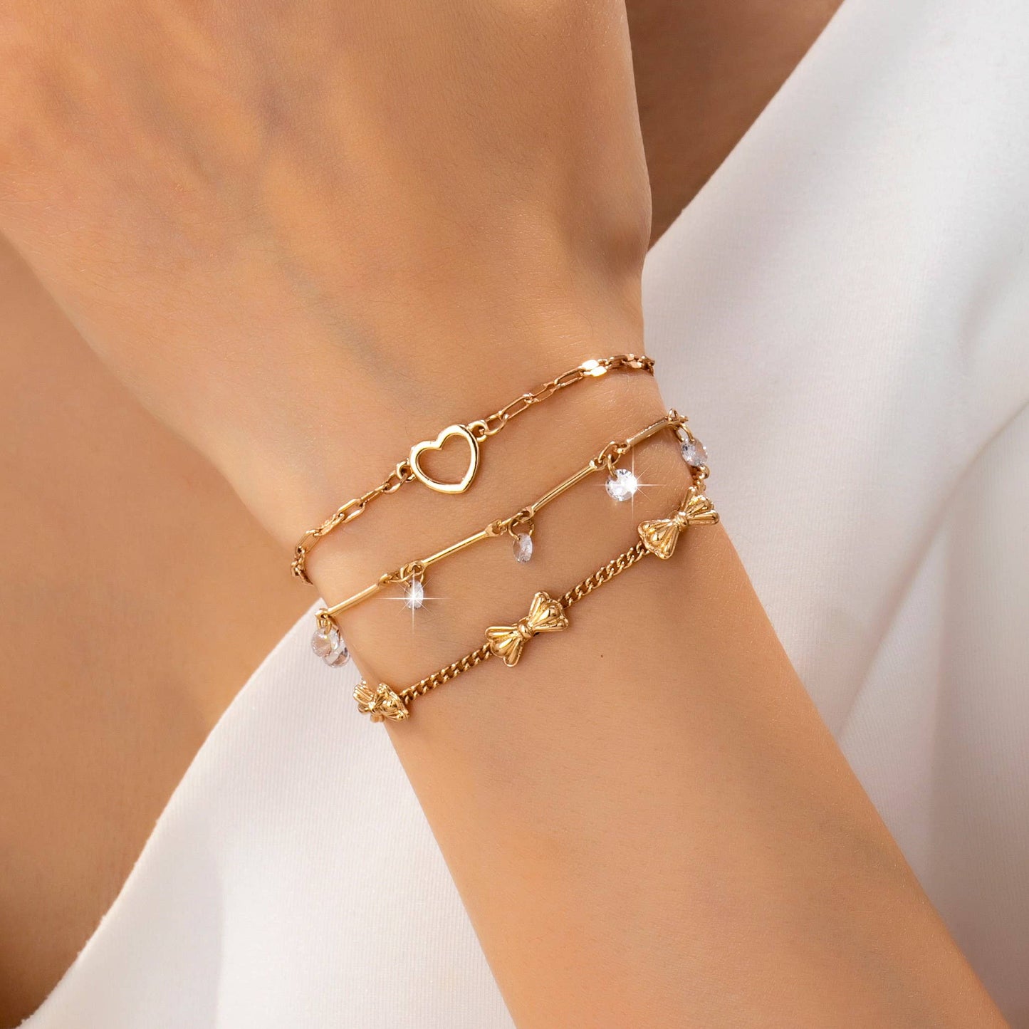 Crystal Drop Heart Bow Charm Multilayer Bracelet | 80B1594
