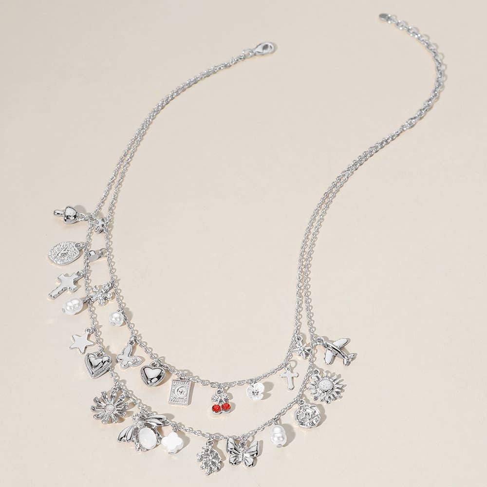Cherry Butterfly Pearl Quatrefoil Charm Layered Necklace