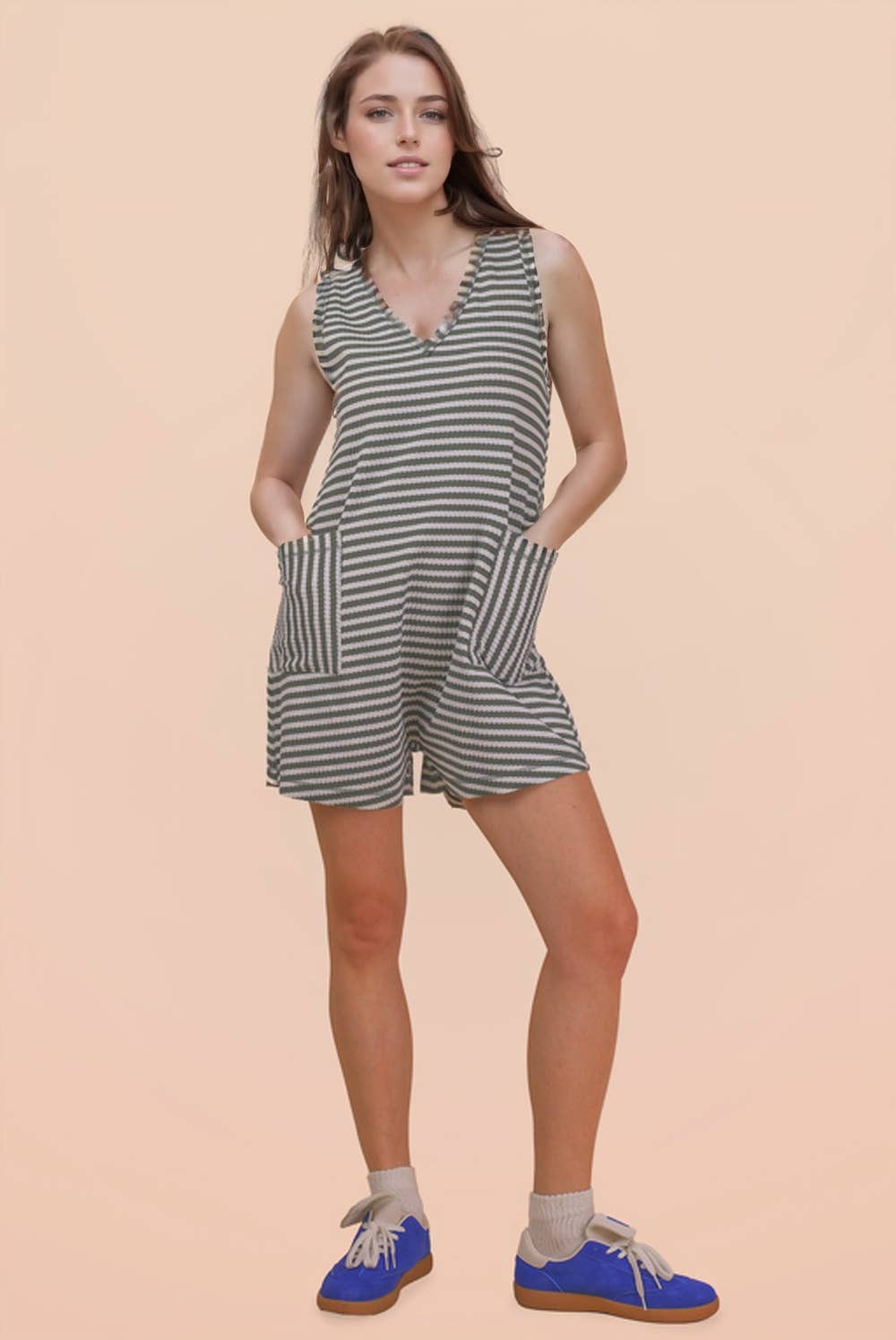 Olive Striped Knit Casual Comfy Romper
