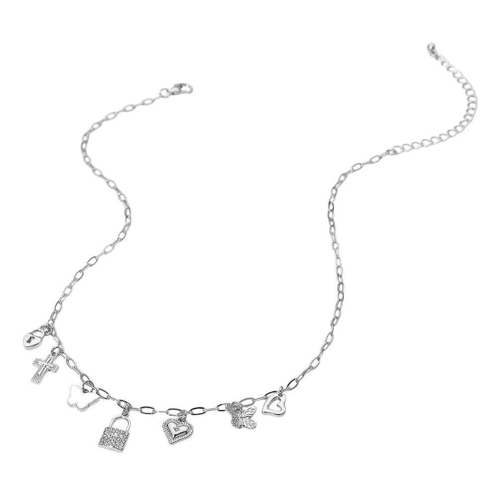 Lock Butterfly Heart Cross Charm Station Necklace: Clear,Rhodium