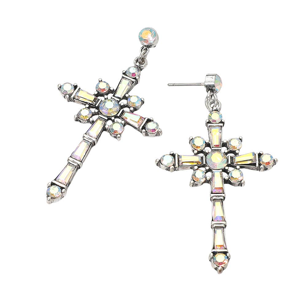 Geometric Stone Cluster Embellished Cross Dangle Statement Earrings