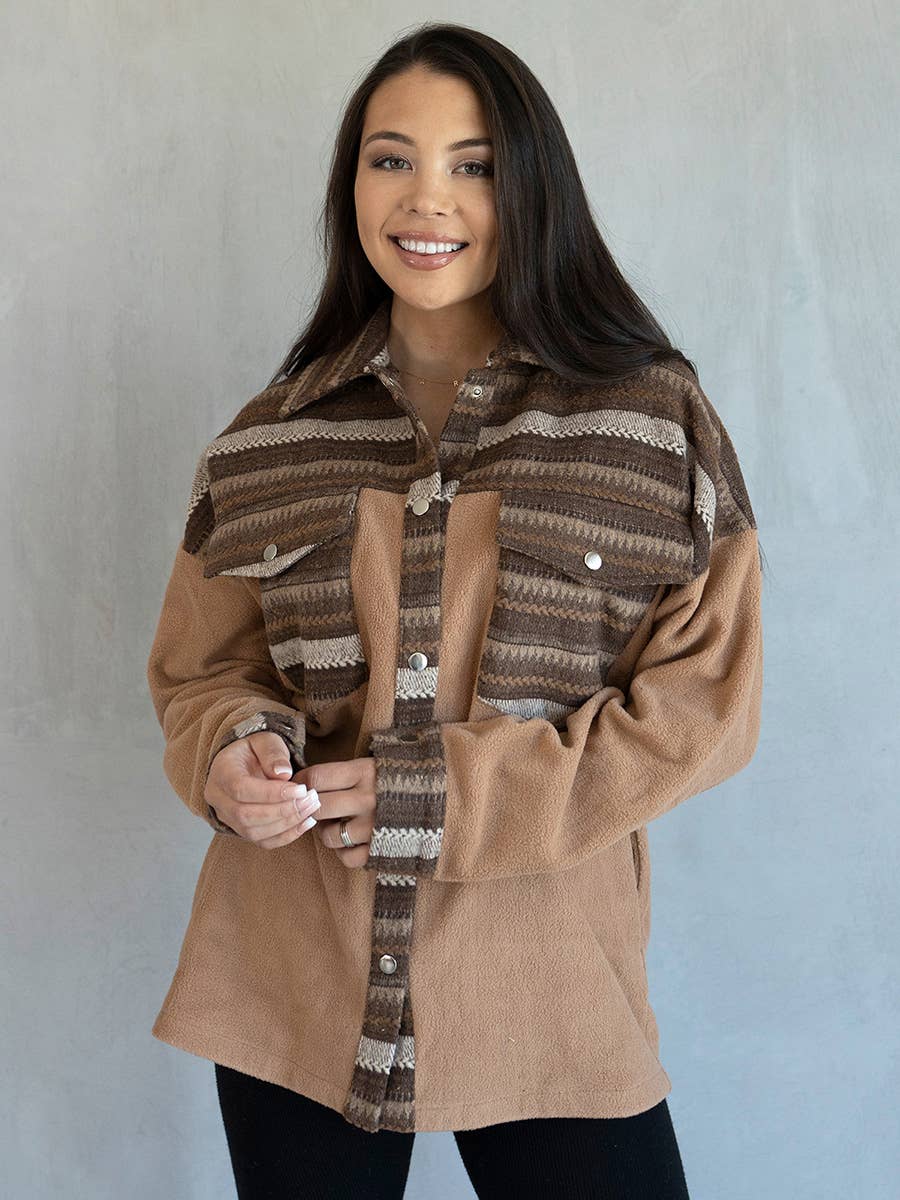 Flo Print Trim Shacket w/ Front Pockets