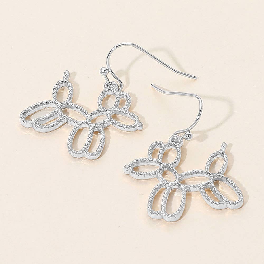 Textured Metal Open Balloon Dog Dangle Earrings: Silver