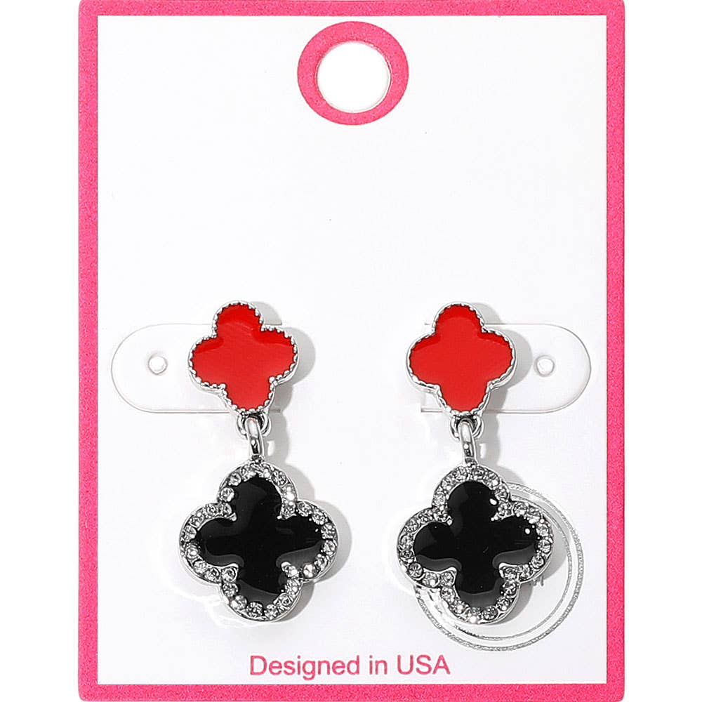 Rhinestone Accented Quatrefoil Drop Earrings: Black,Rhodium,White