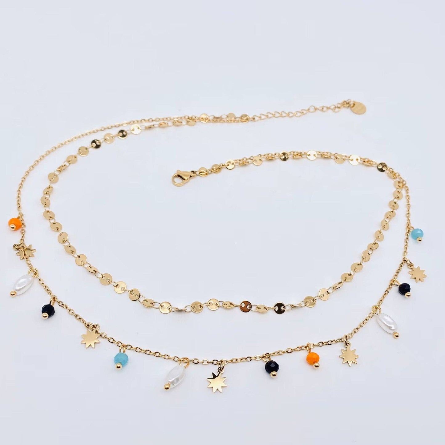 M25. Star Pearl Charm Double Chain Stainless Steel Necklace