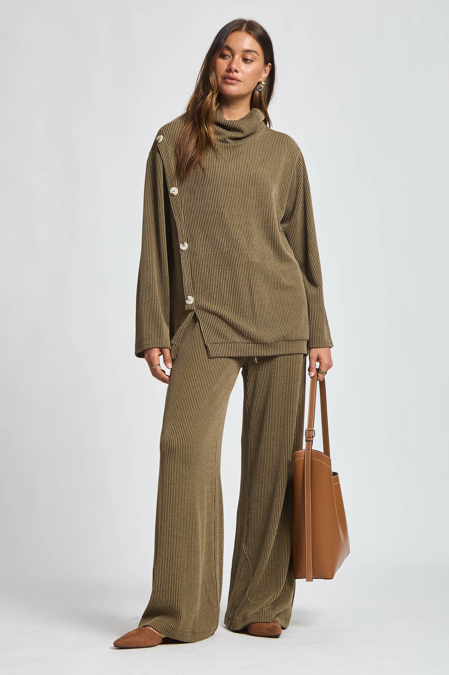 2-Piece Cowl Neck Ribbed Set TRVSET-LAVISH: OLIVE / S