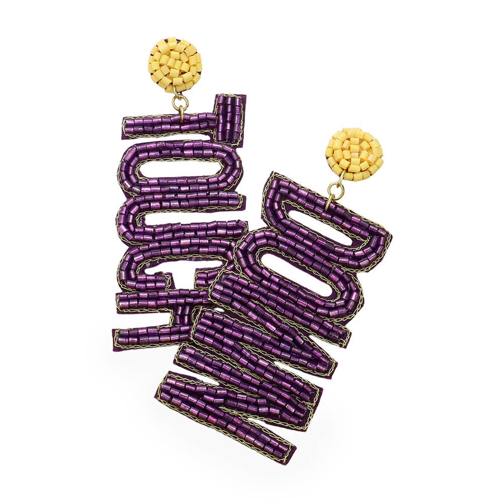 Game Day Felt Back Beaded Touch Down Message Dangle Earrings: Royal Blue,White