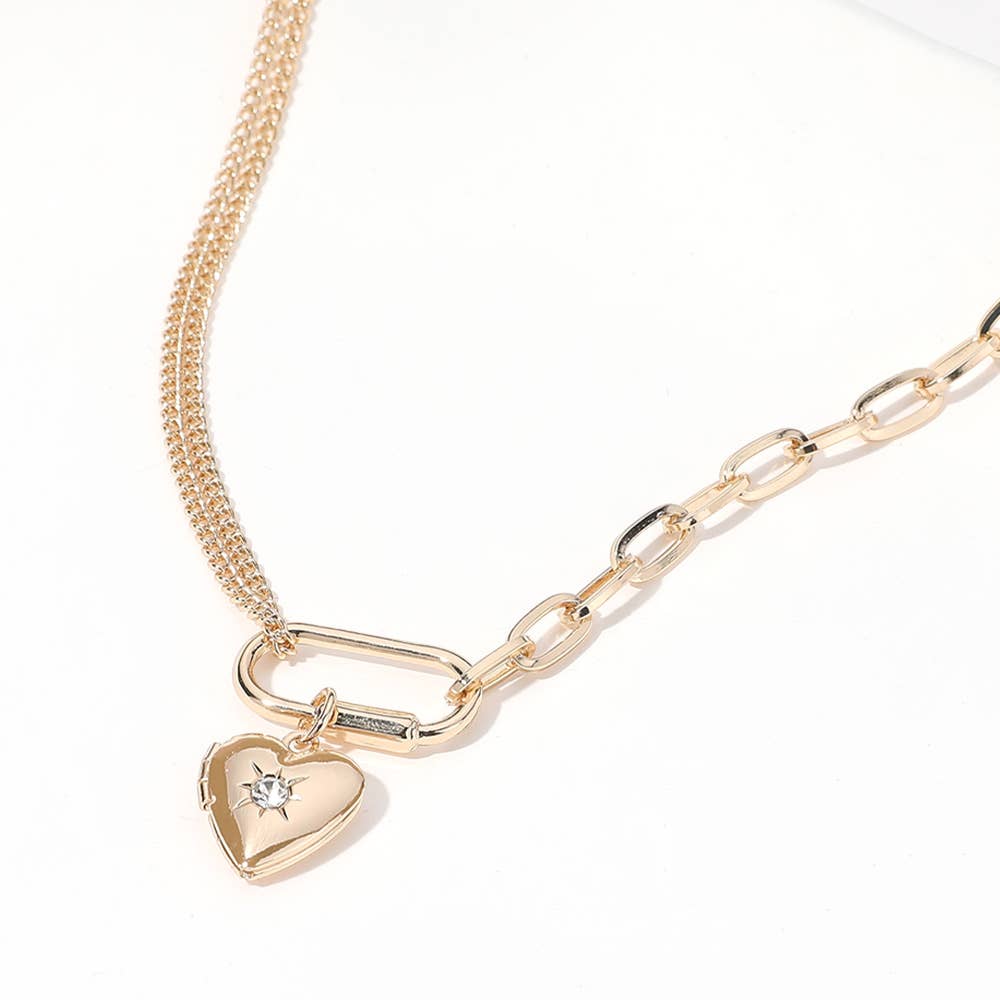 SECRET BOX_Stone Paved Heart Locket Carabiner Necklace
